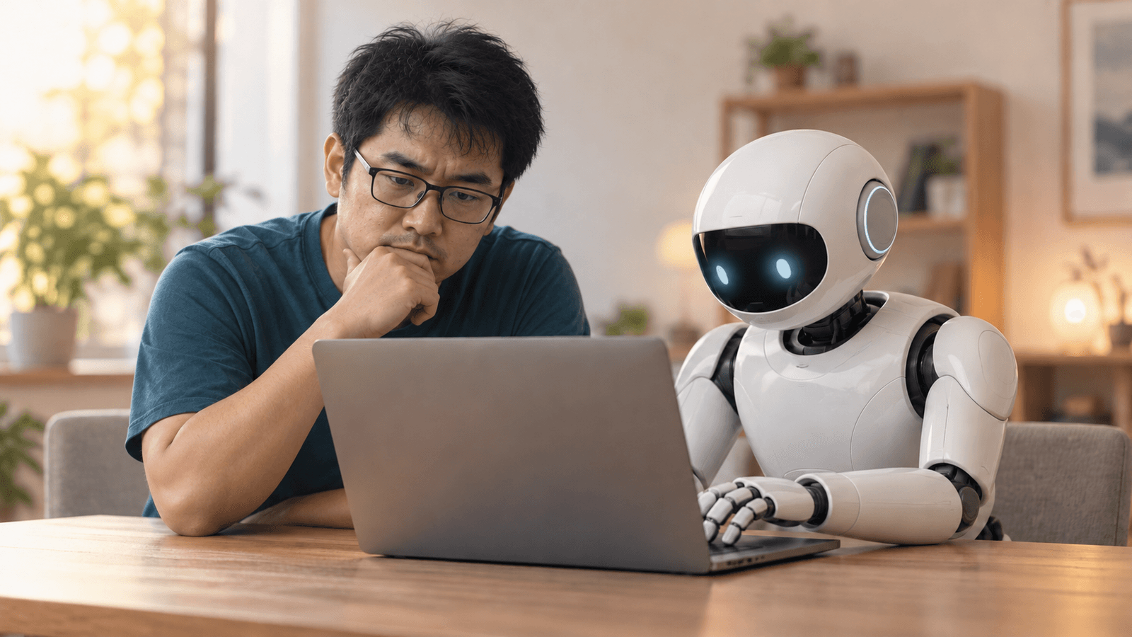 A developer sits beside a robot typing on a laptop. Both of them are looking at the same screen.