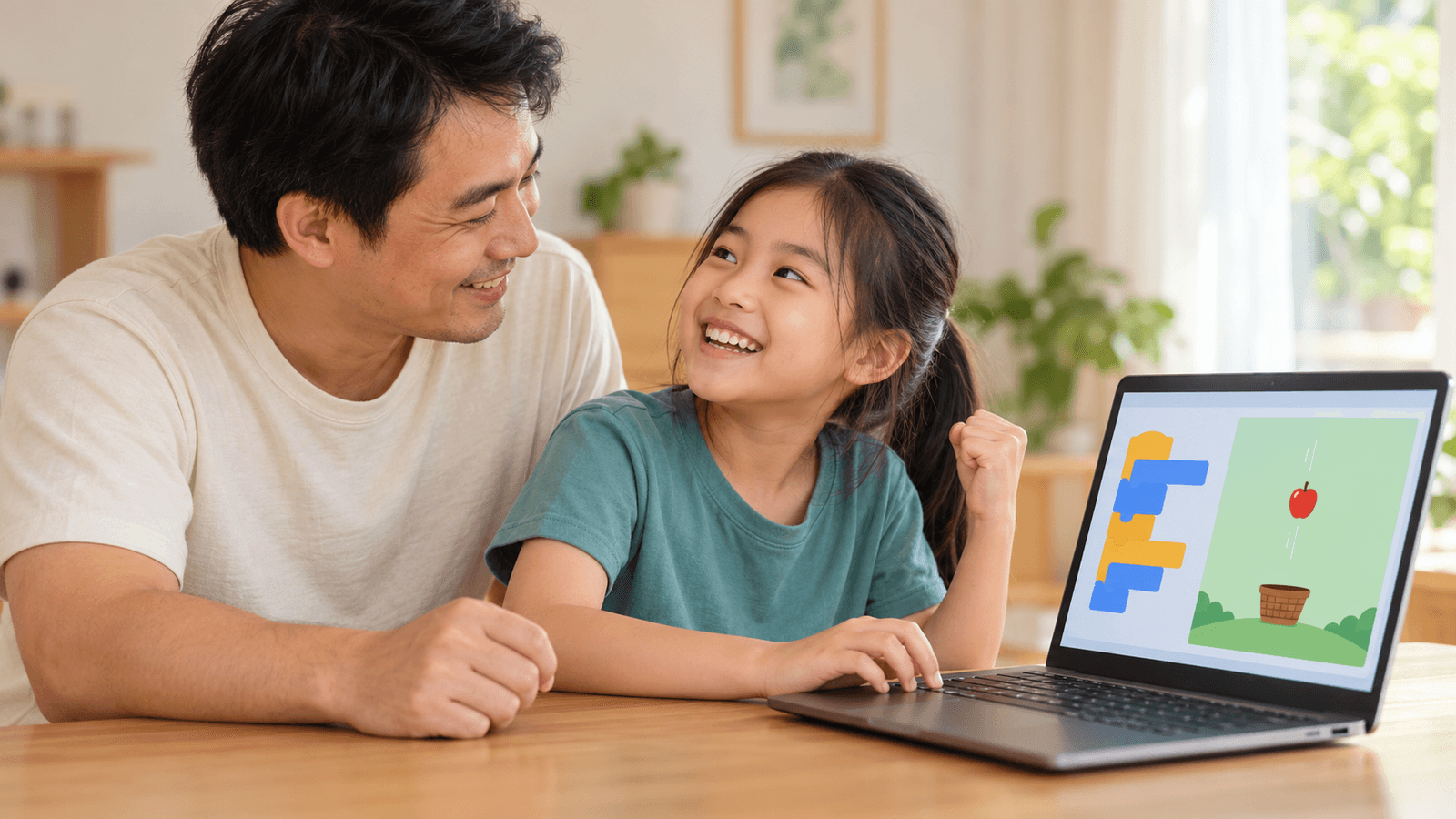 A father and daughter make a Scratch game on a laptop: colored blocks, and an apple falling into a basket.